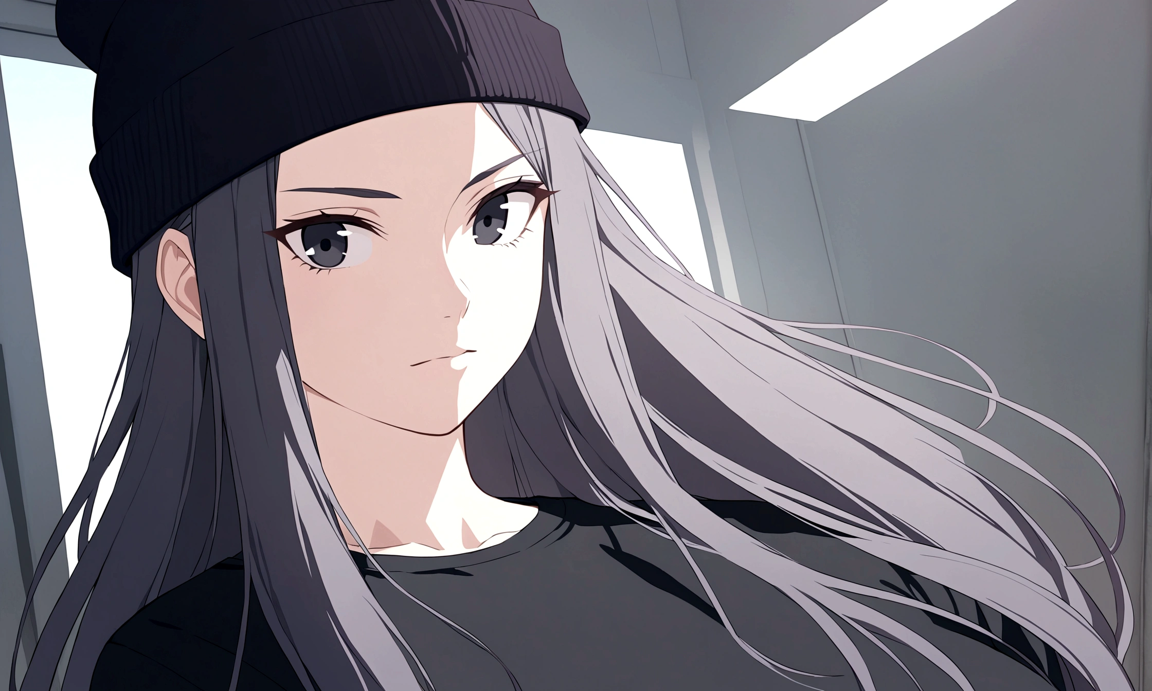 a woman with black eyes, purple and long hair, wearing a black beanie, black t-shirt