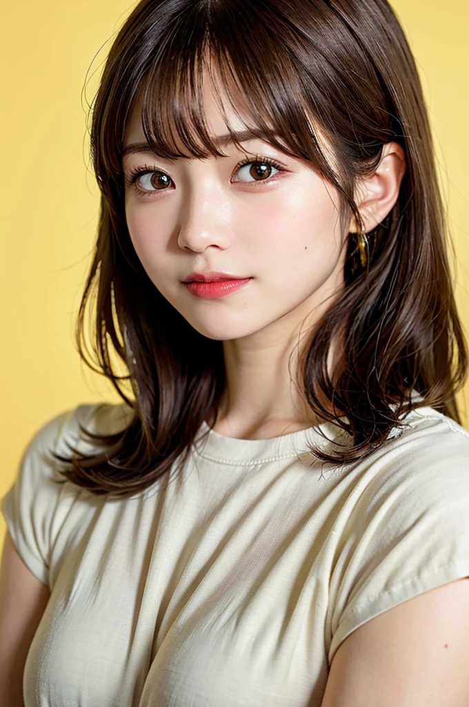 masterpiece, best quality, 8k, absurdres, (upper body:1.4), white shirt, beautiful girl, pretty face, looking at viewer, smile, ultra realistic, highres, photography, film grain, chromatic aberration, sharp focus, HDR, face light, dynamic lighting, cinematic lighting, professional shadow, simple background, (dull yellow background:1.4), highest detailed, extreme detailed, ultra detailed, finely detail, real skin, delicate facial features, detailed face and eyes, sharp pupils, realistic pupils, (Korean, Japanese, chinese:0.3)