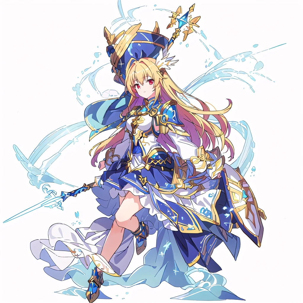 Highest quality, high resolution, High quality game art style, Official Art, Smooth game CG art, Cute 3D anime girl render, Visual Novel Sprites, White background,Smooth game CG art, humanoid woman, JRPG Characters, A woman in a white dress and blue armor holding a spear, Anime Goddess, An intricately designed helmet with white feathers,Small shield, Intricate blue and gold armor,Golden Hair Anime Girl, Red eyes, long hair, Rin々Shii,Large Bust,17 years old,Valkyrie,cowboy shot,