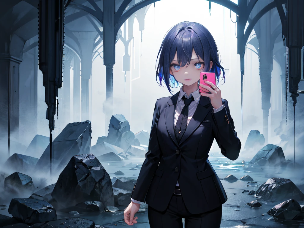 absurdres, (masutepiece:0.7), (best quality:1.3), 8k, 4k, (ultra-detailed, sharp focus:1.3), magical realism, girlish & feminine, (little scared:1.2), 1girl, extremely detailed beautiful eyes and face, beautiful long eyelashes, beautiful detailed lips, (an office lady in a suit), talking on a smartphone, exploring a creepy dungeon, stone walls, flickering torchlight, magic glowing crystals, fog effects, elegant and dramatic pose, dramatic lighting, cinematic composition, fantasy dungeon environment, intricate details, vibrant colors,