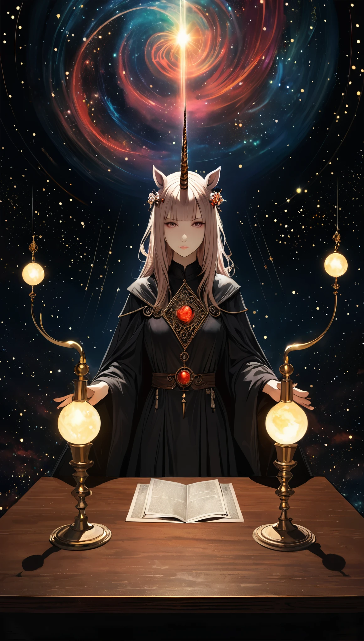 Unicorn Horn,Metal spiral tip,style of santiago caruso,
Halation,1 girl,astrologer,Black robe,From the Nebula,Wooden square table,handkerchief,(From the Nebula的耀眼的水晶球),black background,Point lights,Mysterious atmosphere,Surrealism,Fist flashing red,wide angle,from above,