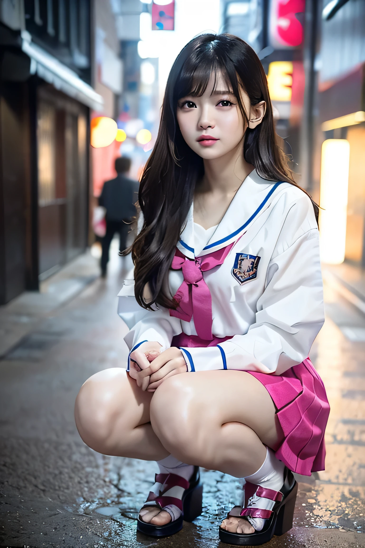 Random Pause、Mix 4、（8K、digital camera、超High resolution、born、bornphoto、Completely real image、Highest quality、masterpiece：1.45）、（Real、Real：1.37）、16 years old、Beautiful Japanese Woman、No makeup、Thick eyebrows、（（（Full body image）））、Streetscape、festival、Sunset、rain、wet、Professional Lighting、Photon Mapping、Radio City、Physically Based Rendering、Gradient black hair、Hair tied up、best quality photos、High resolution、1080P、（Beautiful face）、（Detailed face description）、（Detailed description of the hand）、（masterpiece）、（Exquisite CG）、lure、masterpiece、detailed、（Fine facial features）、（best quality phoasterpiece）、（Fine particles）、Look in front of you、Thin clavicle、Breasts that are not swollen at all:0.5), (((Immature and young body))), ((Fat)),(((Glowing Skin:1.5、Light Skin: 1.5、Glowing Skin、Very Glowing Skin)))、Detailed body、Droopy eyes、(obscene、pussy line：1.2)、Thin pubic hair、High heels、Highly detailed CG Unity 8k wallpaper、highest quality、Ultra-detailed、masterpiece、Realistic、Photo realistic、Highly detailed cute girl、18 years old、Young face、(((Wearing Japanese student uniform)))、((Roll up the skirt yourself)))、(Lift it yourself)、、bottomless、blush、Lips parted、Looking at the audience、Semi Body Shot、(A large number of people)、(On the streets of Tokyo)、(((Get excited and show off your genitals )))、(((beautiful pussy、real pussy)))