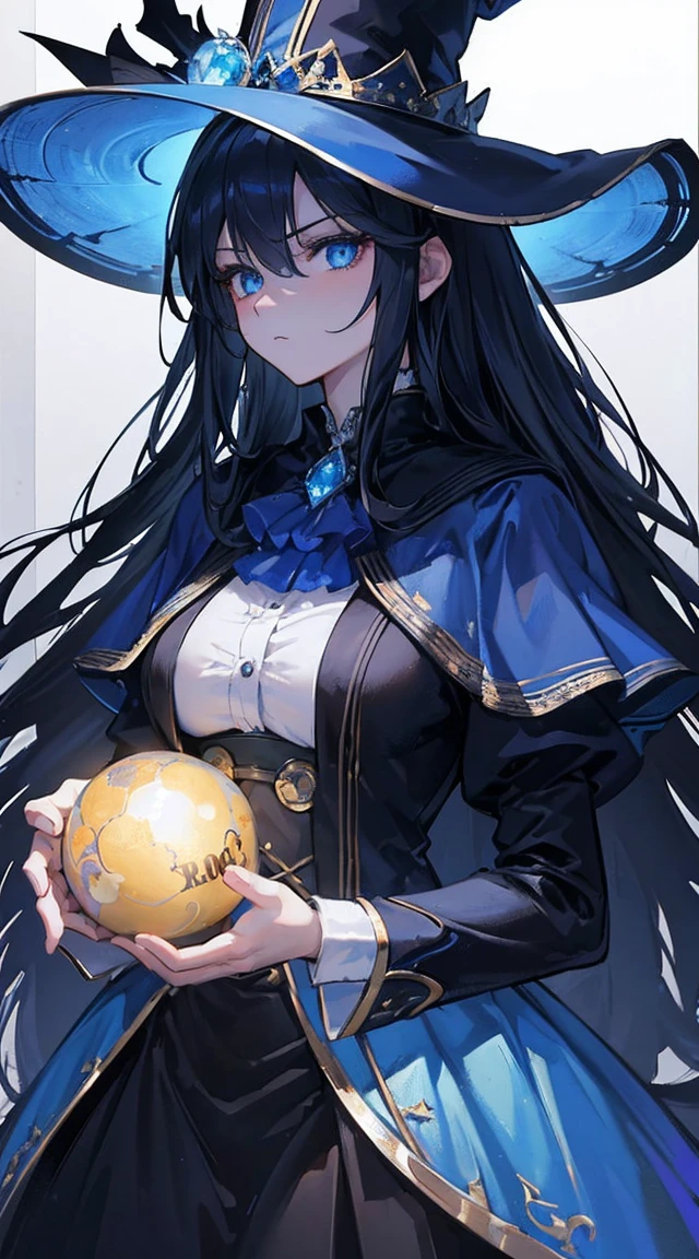 (extremely detailed 8K wallpaper),(ultra-detailed),(best quality),(masterpiece),(vertical painting),(highly detailed),(cinematic lighting),A beautiful girl stands in front of the magic ball,cabelos preto e longos,blue color eyes,(((Magician image))),Wide hat,Indifferent eyes,((indifferent expression)),Chemical instruments are placed around