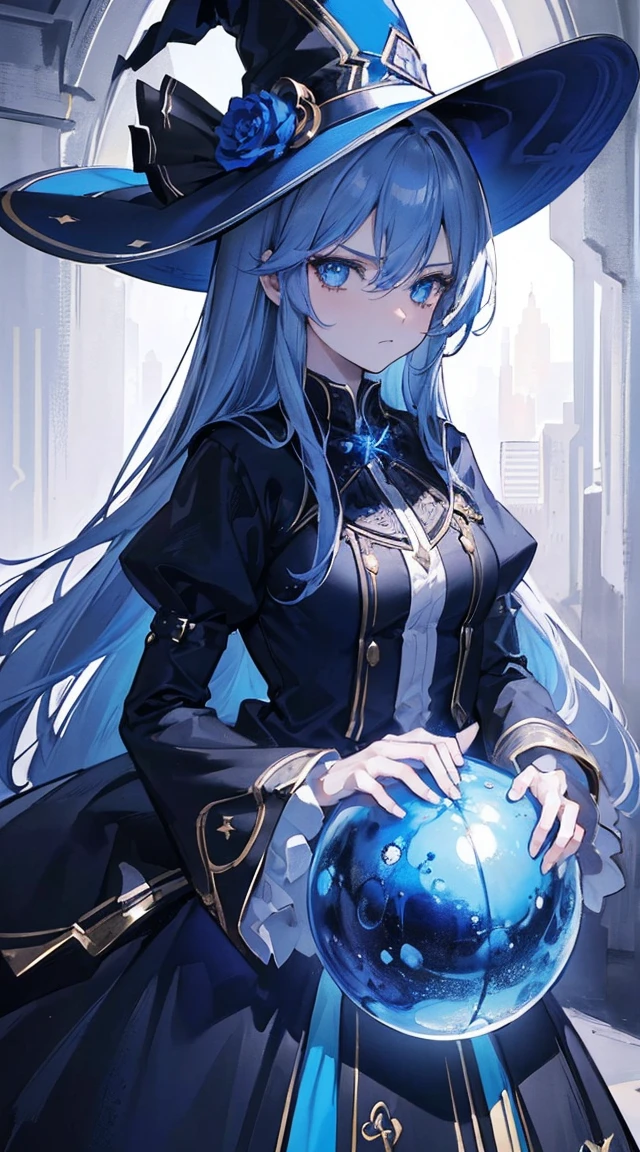 (extremely detailed 8K wallpaper),(ultra-detailed),(best quality),(masterpiece),(vertical painting),(highly detailed),(cinematic lighting),A beautiful girl stands in front of the magic ball,cabelos preto e longos,blue color eyes,(((Magician image))),Wide hat,Indifferent eyes,((indifferent expression)),Chemical instruments are placed around