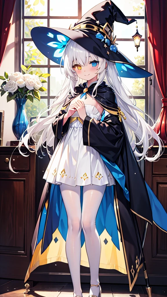 White hair,Long hair,Heterochromia(Left blue right yellow),Smile,Female face,There are bright spots in the eyes,Female hands,White little hands,Normal fingers,flat chest,Witch costume,White pantyhose,In the room