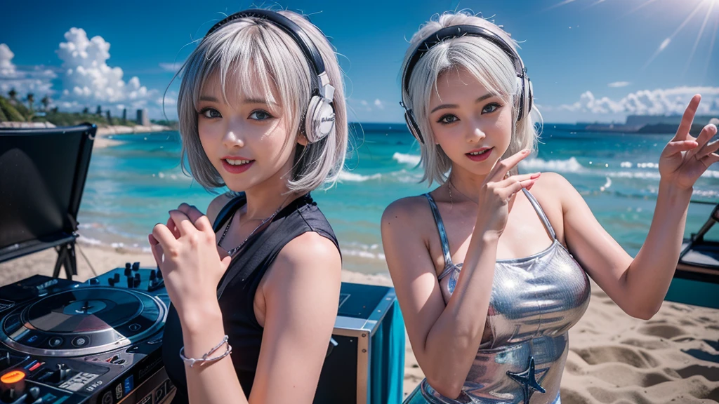 (ultra - detailed, 16K resolution, Cinema lenses, rendering by octane), (high resolution:1.18), intricate detail, (masterpiece:1.1), (highest quality:1.1), (1girl, portrait, white hair, blue eyes, short hair, detailed eyes),Wearing silver DJ headphones, Shiny silver sequined T-shirt, (in the beach:1.5), (Iconic hip-hop pop costumes:1.3), Smile while DJing on stage, DJ studio next to the beach, ((A stylish DJ stage on a hill overlooking the beach)), full body shot, Photorealistic photography by Sunshine, (cute round face:1.3), perfect fingers, five fingers, beautiful hands, perfect hands. master peace, cute smile.
