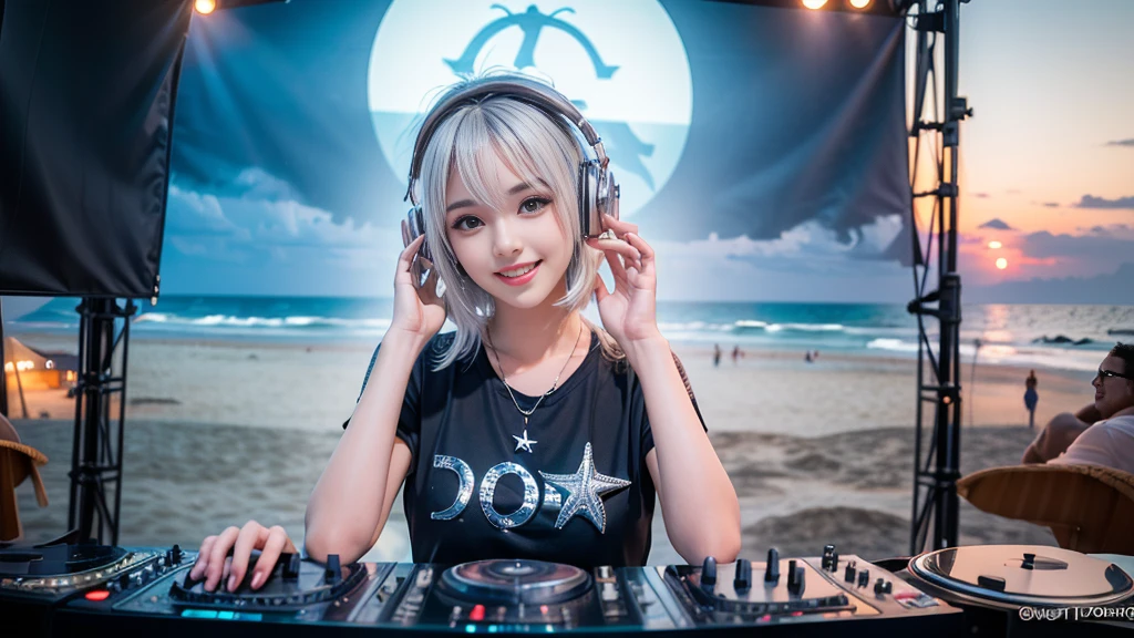 (ultra - detailed, 16K resolution, Cinema lenses, rendering by octane), (high resolution:1.18), intricate detail, (masterpiece:1.1), (highest quality:1.1), (1girl, portrait, white hair, blue eyes, short hair, detailed eyes),Wearing silver DJ headphones, Shiny silver sequined T-shirt, (in the beach:1.5), (Iconic hip-hop pop costumes:1.3), Smile while DJing on stage, DJ studio next to the beach, ((A stylish DJ stage on a hill overlooking the beach)), full body shot, Photorealistic photography by Sunshine, (cute round face:1.3), perfect fingers, five fingers, beautiful hands, perfect hands. master peace, cute smile.