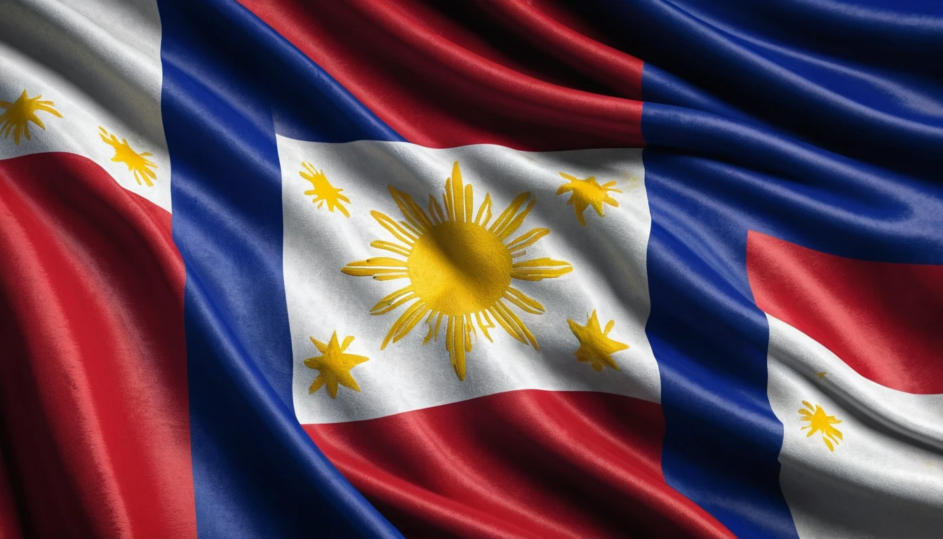 A detailed, highly realistic Philippine flag, symbols of freedom and peace, battle-worn but standing tall, a powerful exchange of ideas and ideals, ultra-high definition, 8k, photorealistic, masterpiece