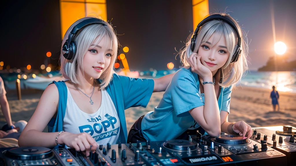 (ultra - detailed, 16K resolution, Cinema lenses, rendering by octane), (high resolution:1.18), intricate detail, (masterpiece:1.1), (highest quality:1.1), (1girl, portrait, white hair, blue eyes, short hair, detailed eyes),Wearing silver DJ headphones, Shiny silver sequined T-shirt, (in the beach:1.5), (Iconic hip-hop pop costumes:1.3), Smile while DJing on stage, DJ studio next to the beach, ((A stylish DJ stage on a hill overlooking the beach)), full body shot, Photorealistic photography by Sunshine, (cute round face:1.3), perfect fingers, five fingers, beautiful hands, perfect hands. master peace, cute smile.