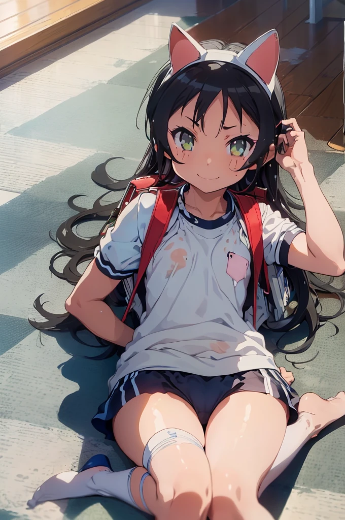 masterpiece, ultra quality, ultra sharp, ultra detailed, 1girl, solo, (good anatomy), haduki kurumi, (tattered torn dripping wet white gym shirt), navy gym pants, animal ears, randoseru, name tag, Japanese anime pose, laugh, BurumaShorts, Buruma, Gym Uniform, (((lying:1.4, spread_legs, legspread, split_legs, spreading legs)), (randoseru backpack:1.4), (((smirk smile))):1.4, buruma, blue buruma, black buruma, (cameltoe), (tattered torn short sleeve white gym uniform with colored hem), (tiny nipples), (white long loose socks), strong lighting, legspread, bukkake, cum on clothes, cum on legs, cum on buruma, cum on bloomers,