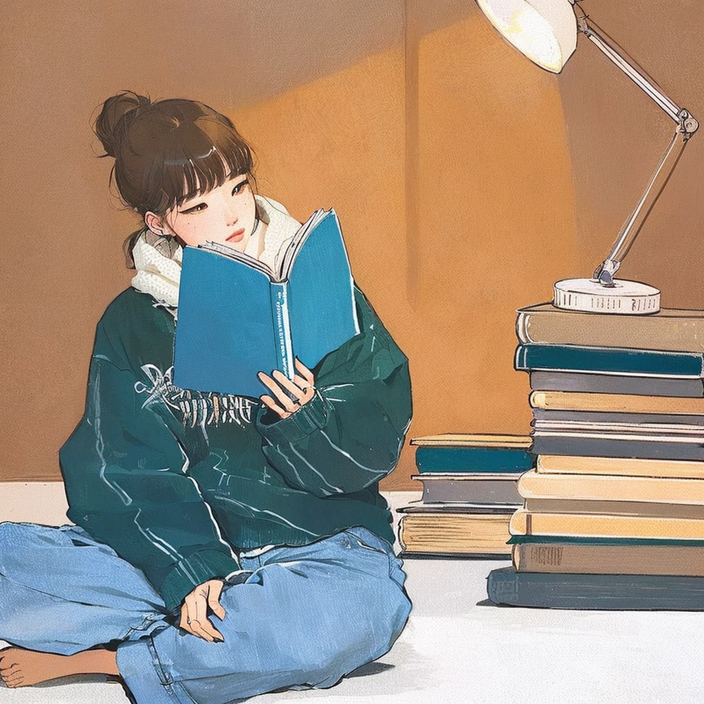 there is a woman sitting on the floor read a book, read a book, study, read new book, illustration!, book illustration, Book Portrait, Lo-Fi Girl, By Kim Jeong-hui, read in library, 努力study, 尝试read, read, Studious, student, comics, Portrait of Lofy, lo-fi illustration style