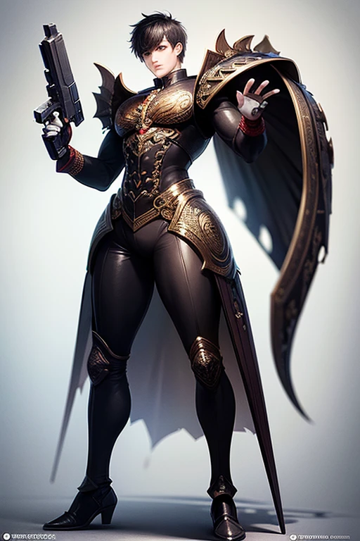 (full body:1.3), best quality, masterpiece, ultra detailed, detailed, hyper detailed, White background, Beautiful standing figure, Man with a pistol,suit,Black Hair,Red eyes