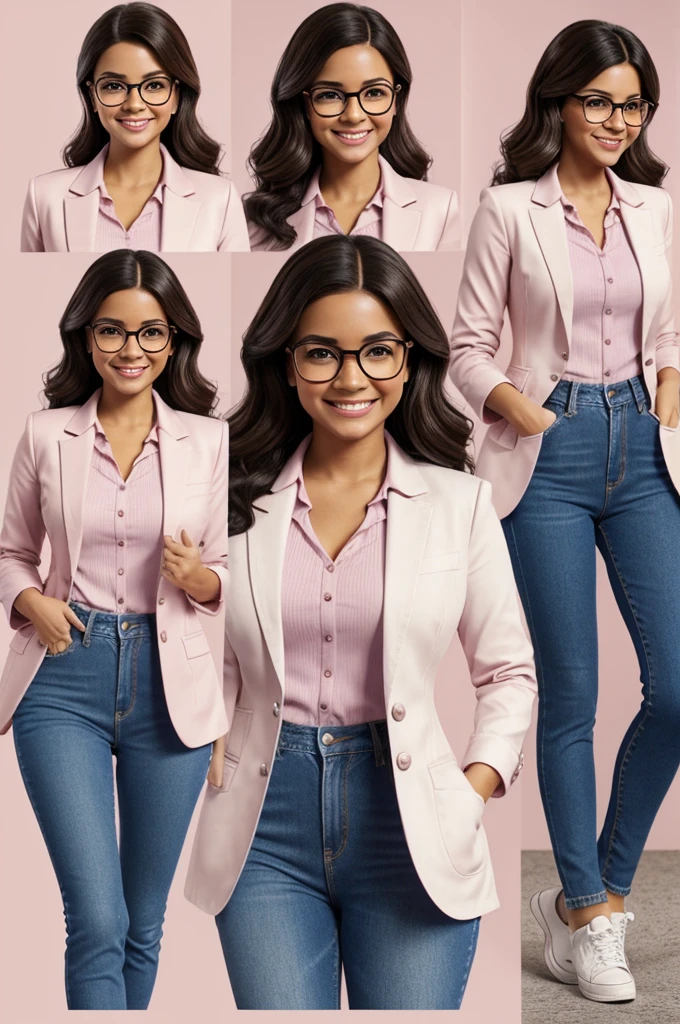 Funnily character, disney pixar style, Curt... 3d, lilac skin color, very tiny, with black hair and brown highlights, medium size and wavy, eyes browns, jeans, White sneakers, white blouse with salmon pink blazer, standing, de corpo todo, chubby body, with happy face, Grinning, square white glasses,