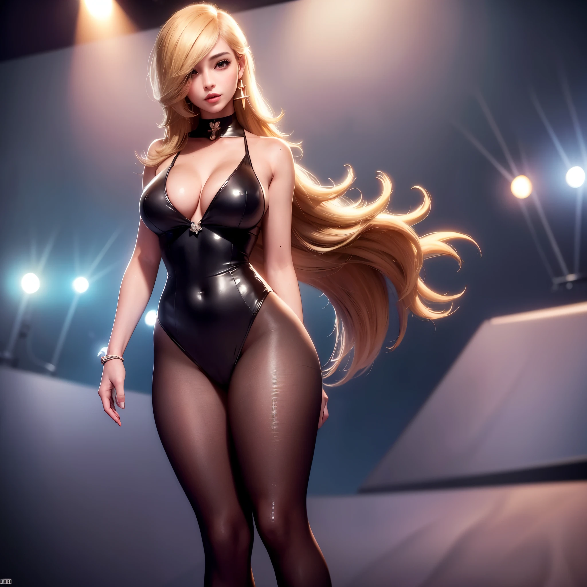 8K ultra detailed cg, Supermodel, Super idol, face perfect, beautiful face, mature woman,breasts big, on the stage, stage lights, searchlight, gazing at viewer,Dynamic English,dynamic poses,1 girl,standing alone,tails,wearing sexy dress,revealing clothing