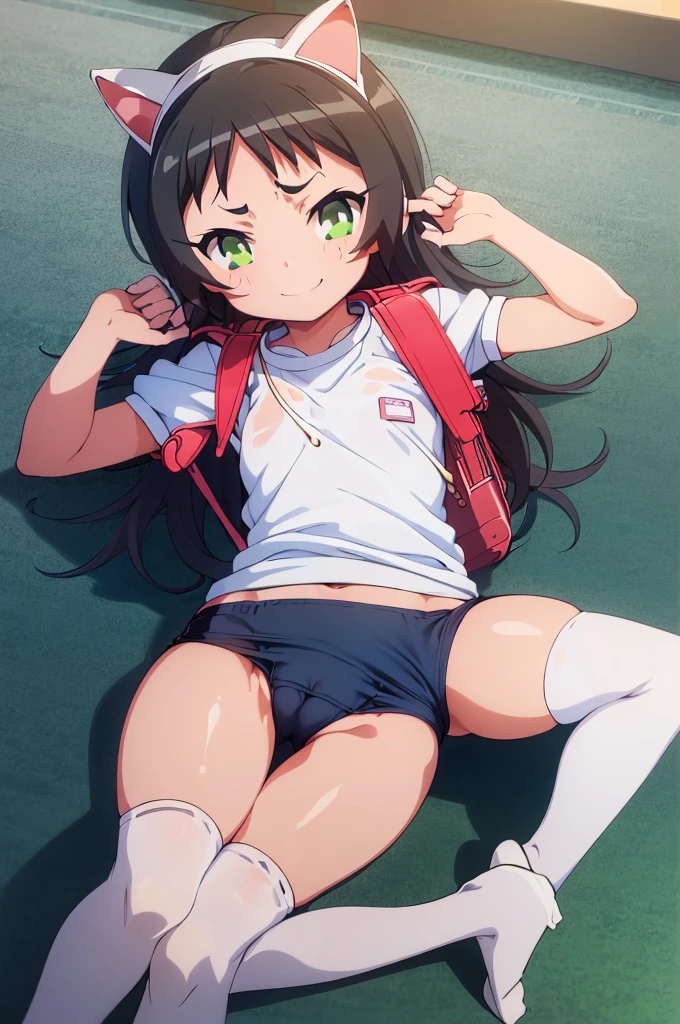 masterpiece, ultra quality, ultra sharp, ultra detailed, 1girl, solo, (good anatomy), haduki kurumi, (tattered torn dripping wet white gym shirt), navy gym pants, animal ears, randoseru, name tag, Japanese anime pose, laugh, BurumaShorts, Buruma, Gym Uniform, (((lying:1.4, spread_legs, legspread, split_legs, spreading legs)), (randoseru backpack:1.4), (((smirk smile))):1.4, buruma, blue buruma, black buruma, (cameltoe), (tattered torn short sleeve white gym uniform with colored hem), (tiny nipples), (white long loose socks), strong lighting, legspread, bukkake, cum on clothes, cum on legs, cum on buruma, cum on bloomers,