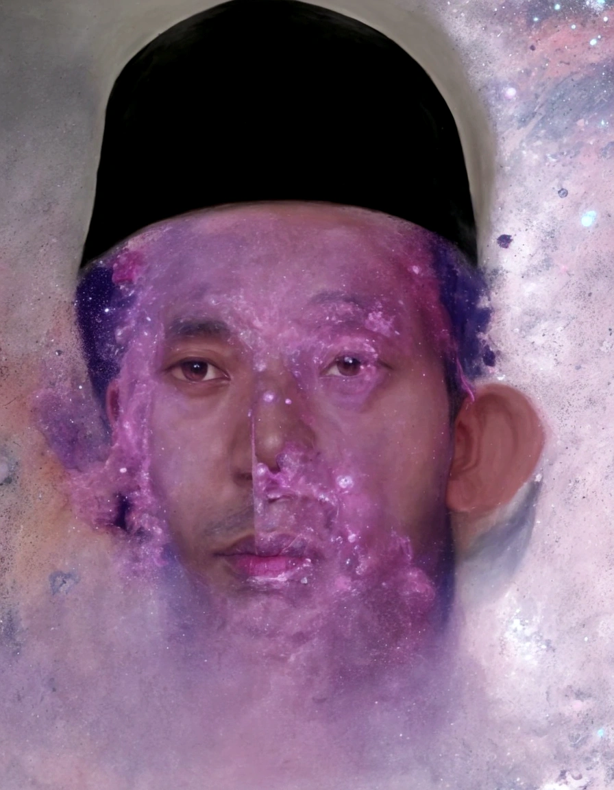 there is a man with a hat on and a pink background, strange portrait with galaxy, inspired by Basuki Abdullah, inspired by Abdur Rahman Chughtai, inspired by Anna Füssli, close up potrait, surreal portrait, portrait of a cosmic entity, new album cover, closeup shot of face, nuri iyem