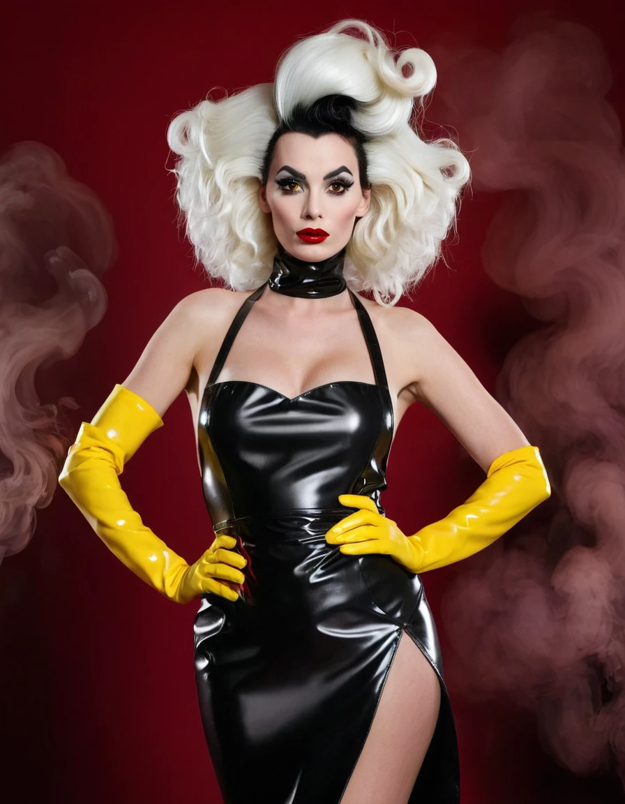 Cruella. A very magnificent hairstyle. A naked model in a long latex butcher's apron. Hands in yellow gloves on hips. An elegant pose. Red, thick smoke in the background.