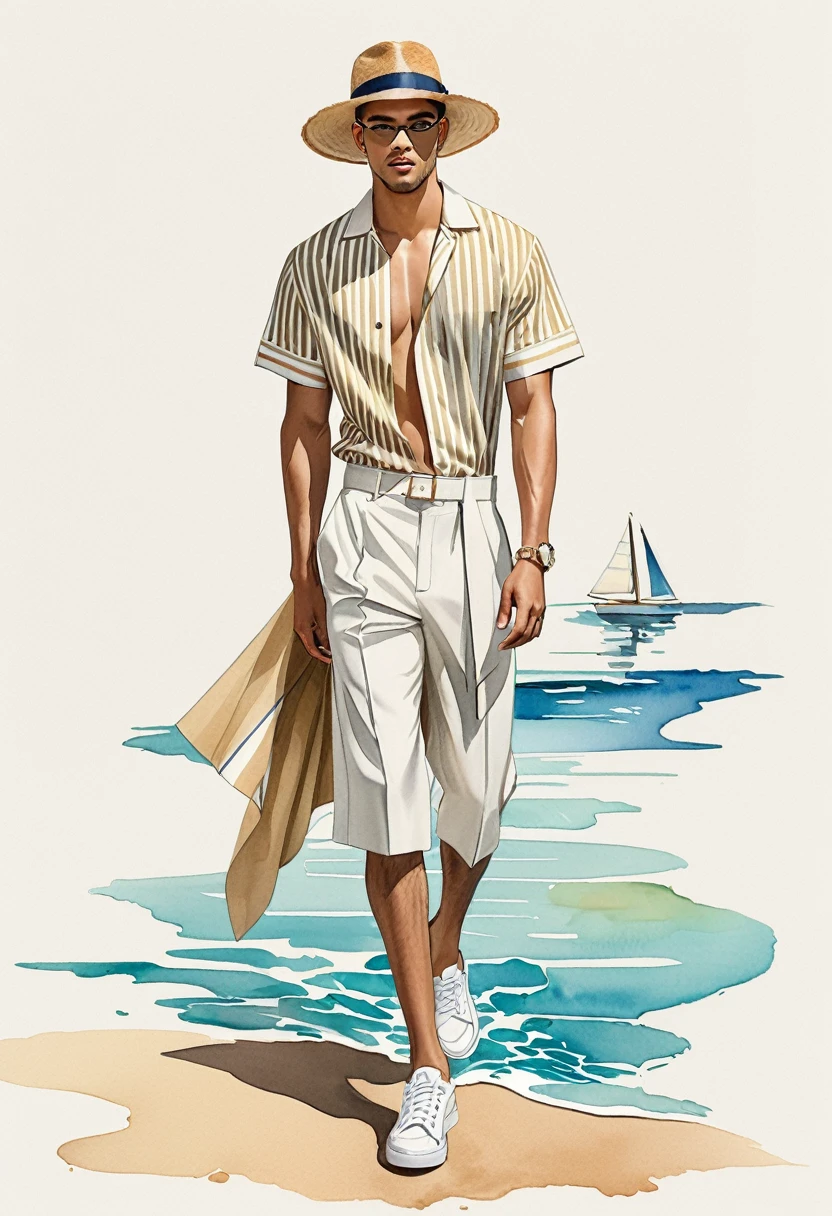 candid fashion illustration of young Mixed race 2man, both aged 23 year old, ((showcase fashion look book in mixed pale Earth-tone outfits)), inspired by Jacquemus's resort collection 2022, in elegant young chic Nautical style. The man wears an oversized short-sleeved stripe shirt with lace details, paired with relaxed-fit white Wide Leg short pants, comfortable and a classic silhouette. He completes his look with white sneakers and round glasses. The boyfriend complements him in a ((white mini thong with thick bugle)), open robe, He ensemble includes an accessorizes with a brimmed straw hat, white sneakers, Captured in a dynamic angle, ((full-body image)), ((imperfect pale water color background)), sketching, realistic drawing, imperfect water color drawing, fashion look book, fashion illustrator, sketch design, Chic, sexy, water color palette, high quality