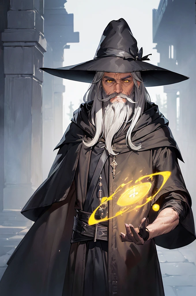 (masterpiece; best quality: 1.2), (finely detailed eyes: 1.3), ((70 year old man)), ((solo)), (yellow eyes: 1.4), (body; attractive, lean, mature: 1.3), (long gray hair + beard: 1.3), (beautiful and clear background: 1.2), ((depth of field)), (equipment: traveler mage dark robe + dark pointed hat + dark cloak: 1.3), (anime illustration: 1.2), (background composition; palace garden exterior: 1.1), (extremely fine and handsome: 1.1), (shot composition; standing + centered on torso + close-up: 1.5), (expression; calm, smile: 1.2)