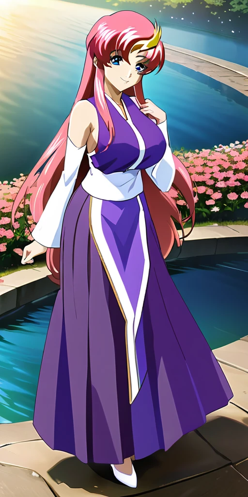 ((64k，Ultra-high resolution，Super best quality，masterpiece，Hyperrealistic，Young and adorable, beautiful, young, adorable，young woman，Full body photo，Full body angle，Whole Body Ezbian，))，GundamSEED，Lacus Clyne，Pink Hairの毛，Blue Eyes，Detailed eyes,Detailed skin,Detailed face,Shiny skin,Detailed Hair,White skin,Perfect lighting,Glossy Lips,京都animeーション, animeカラーリング  ,Klein Lake,GundamSEED , Pink Hair, Straight hair,blue eyes , (((hair ornaments, White sleeves,豪華なWhite Dress, 豪華なPurple Skirt, 贅沢なLong skirt))),Very long hair, Bare shoulders, Star background，2002s 〜2024\(style\),anime, Lacus 1, One girl, alone, hair ornaments, White sleeves, blue eyes, White Dress, Purple Skirt, Long skirt, Very long hair, Bare shoulders, Large Breasts, smile, Gundam, On the floor,Water Lake，Swimsuit，Yukata，smile，Many beautiful flowers are blooming，In a dress