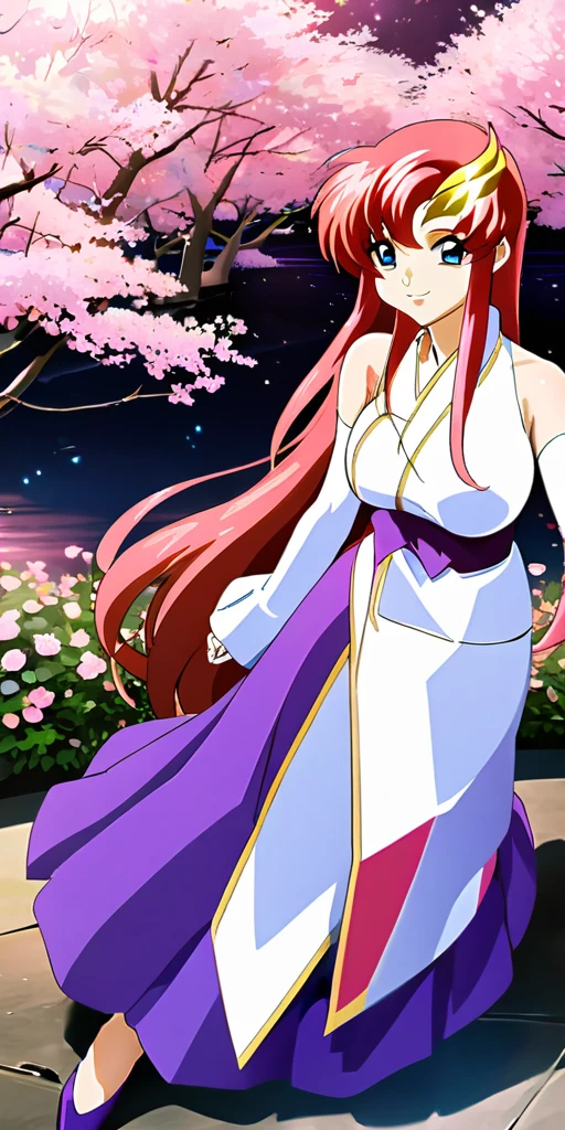 ((64k,Ultra-high resolution,Super best quality,masterpiece,Hyperrealistic,Young and adorable, beautiful, young, adorable,young woman,Full body photo,Full body angle,Whole Body Ezbian,)),GundamSEED,Lacus Clyne,Pink Hairの毛,Blue Eyes,Detailed eyes,Detailed skin,Detailed face,Shiny skin,Detailed Hair,White skin,Perfect lighting,Glossy Lips,京都animeーション, animeカラーリング ,Klein Lake,GundamSEED , Pink Hair, Straight hair,blue eyes , (((hair ornaments, White sleeves,豪華なWhite Dress, 豪華なPurple Skirt, 贅沢なLong skirt))),Very long hair, Bare shoulders, Star background,2002s 〜2024\(style\),anime, Lacus 1, One girl, alone, hair ornaments, White sleeves, blue eyes, White Dress, Purple Skirt, Long skirt, Very long hair, Bare shoulders, Large Breasts, smile, Gundam, On the floor,Water Lake,Swimsuit,Yukata,smile,Many beautiful flowers are blooming,In a dress