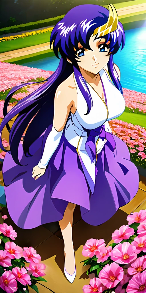 ((64k,Ultra-high resolution,Super best quality,masterpiece,Hyperrealistic,Young and adorable, beautiful, young, adorable,young woman,Full body photo,Full body angle,Whole Body Ezbian,)),GundamSEED,Lacus Clyne,Pink Hairの毛,Blue Eyes,Detailed eyes,Detailed skin,Detailed face,Shiny skin,Detailed Hair,White skin,Perfect lighting,Glossy Lips,京都animeーション, animeカラーリング ,Klein Lake,GundamSEED , Pink Hair, Straight hair,blue eyes , (((hair ornaments, White sleeves,豪華なWhite Dress, 豪華なPurple Skirt, 贅沢なLong skirt))),Very long hair, Bare shoulders, Star background,2002s 〜2024\(style\),anime, Lacus 1, One girl, alone, hair ornaments, White sleeves, blue eyes, White Dress, Purple Skirt, Long skirt, Very long hair, Bare shoulders, Large Breasts, smile, Gundam, On the floor,Water Lake,Swimsuit,Yukata,smile,Many beautiful flowers are blooming,In a dress