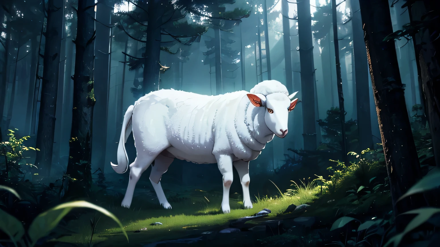 WHITE SHEEP In a dark and mysterious DENSE forest at night, changing lighting, hyper-realistic, cinematic lighting, lost in the forest