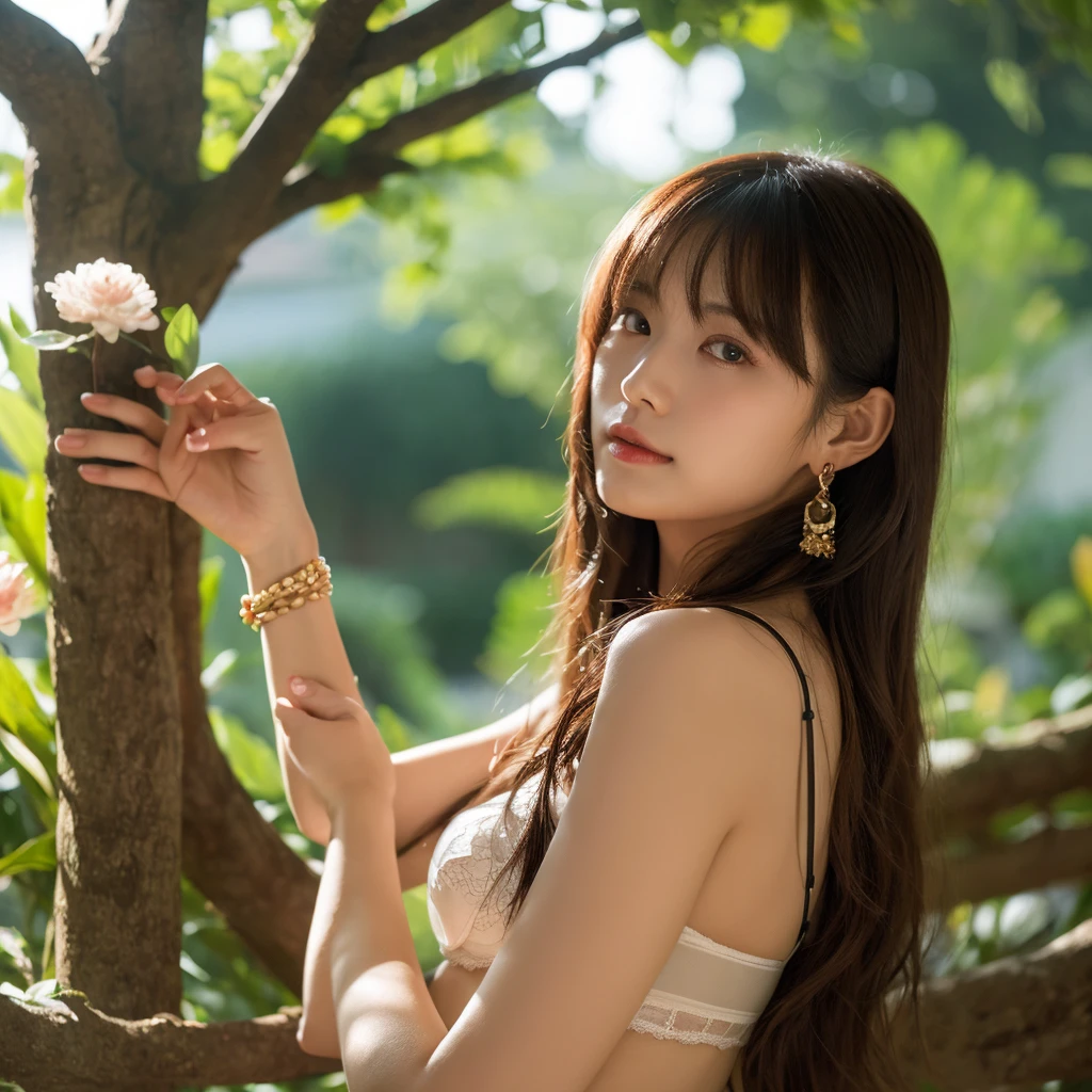 masterpiece,Highly detailed CG Unity 8k wallpaper,1人of女of子, beautiful, Realistic, Blurred, Blurred_background, Blurred_prospect, branch, brown_hair, 梅offlower, depth_of_Field, Earrings, flower, jewelry, nose, Realistic, alone,中国of服,Fingers are hidden, Hide your arms, Wear only a bra
