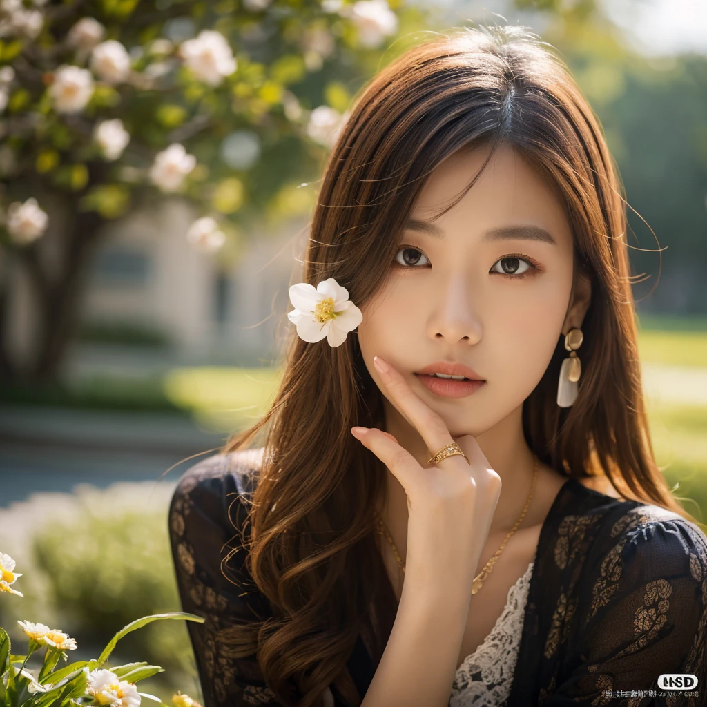 masterpiece,Highly detailed CG Unity 8k wallpaper,1人of女of子, beautiful, Realistic, Blurred, Blurred_background, Blurred_prospect, branch, brown_hair, 梅offlower, depth_of_Field, Earrings, flower, jewelry, nose, Realistic, alone,中国of服,Fingers are hidden, Hide your arms, Wear only a bra