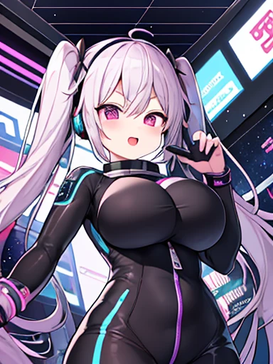 Very detailed、masterpiece、high quality、one high school girl、、、(Black and white spacesuit、accent)、Front zipper、(Futuristic, Tight-fitting bodysuit)、headphone、Cyberpunk space station interior background、(Colorful purple hair),ロングTwin tails, (Pink Eyes), change,Twin tails,sassy change，cheey change，mesugaki,girl,天才girl、(Large Breasts):1.0,(blush):1.1、Hello、