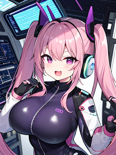 Very detailed、masterpiece、high quality、one high school girl、、、(Black and white spacesuit、accent)、Front zipper、(Futuristic, Tight-fitting bodysuit)、headphone、Cyberpunk space station interior background、(Colorful purple hair),ロングTwin tails, (Pink Eyes), change,Twin tails,sassy change，cheey change，mesugaki,girl,天才girl、(Large Breasts):1.0,(blush):1.1、Hello、