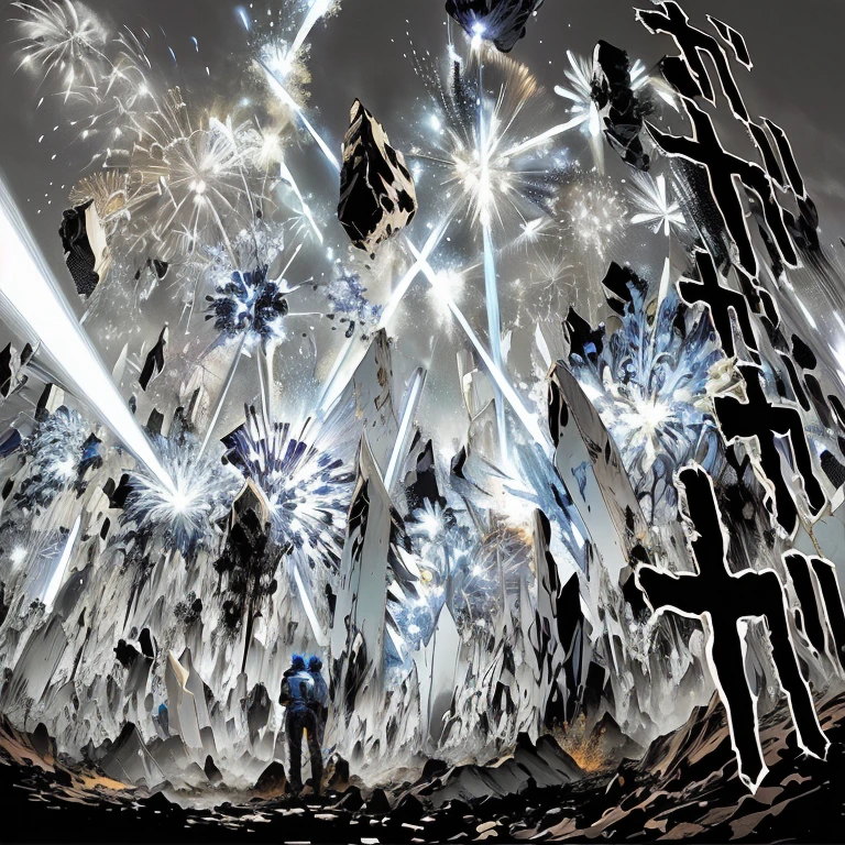 anime scene of a man standing in front of a fireworks display, panel manga a color. powerful explosions, psychedelic manga, intricate and epic composition, sleeve panels, power explosions, color it huge explosions everywhere, art dramatically, amazing manga art style, one hit sleeve, Colors this image is a blue sky, three flashes of light, one red, another blue and another yellow. They are moving on rocks suspended in the air.