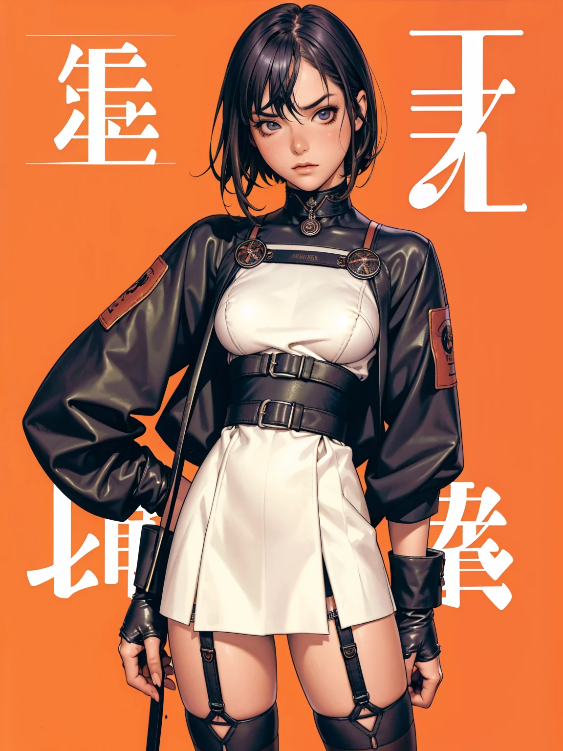 (((garter belt with stockings 3/4))), 1 girl, (((standing alone))), pirralha violent, (((full of leather straps wrapped around the arms))), 14歳, sexly, pose de atitude, work of art, post-apocalypse, (((manga style))), bounty hunter, violent, Manic, the way you want, slenderbody, thin but strong, perfectbody, roupa moderna, holding a samurai sword, messy bob hair, colored hair, (((best qualityer))), Mini skirt with pleats or short shorts with a checkered print in red and black, fur collar jacket, sleeves with vertical striped pattern, neutral background, (( cowboy shot )). intricate visual, Base Shiori, split color hair, hair ornament, choker, black dress with white ribbon, Black jacke, waist belt, asymmetrical pants, shinkiro art style, Masamune Shirow