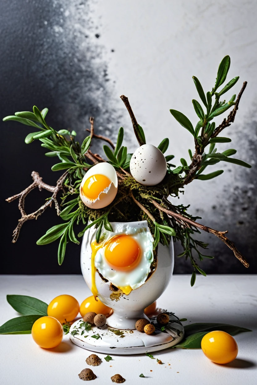 a surreal still life that mixes food and nature. fried eggs on branches in a white vase, liquid yolks dripping, dark textured background, quail egg shells scattered on the base, botanical leaves, concept 3d photorealism, inspired by the art of giuseppe arcimboldo, Masterpiece