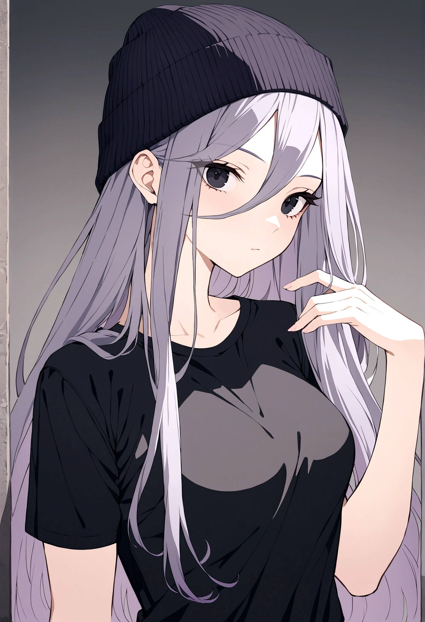 a woman with black eyes, purple hairand long hair, wearing a black beanie, black t-shirt