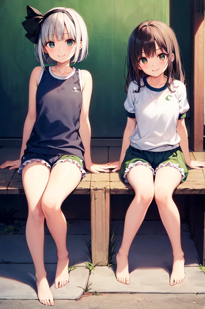 (((((whole body)))))、Youmu, Very cute gym clothes 、smile,、Sitting cross-legged、barefoot、(Bloomers)