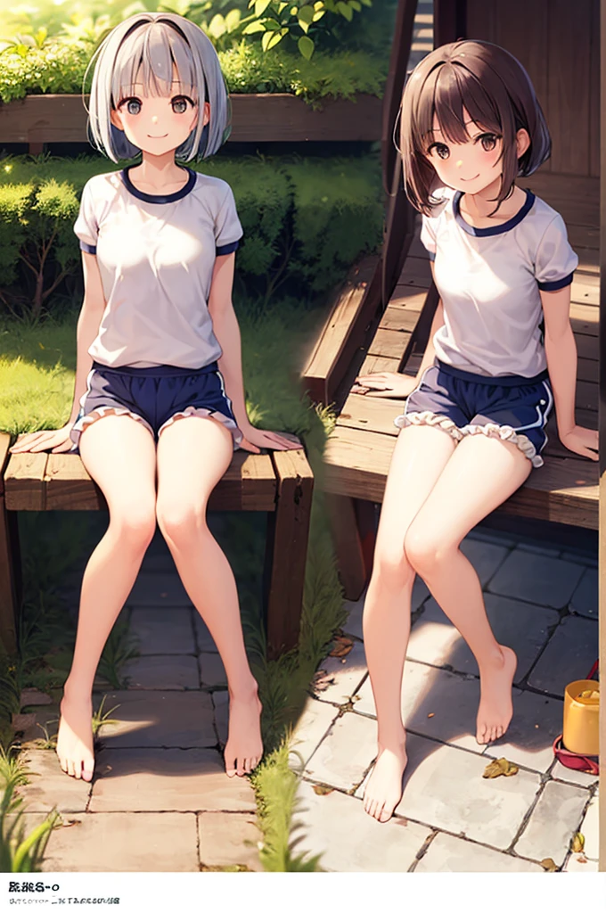 (((((whole body)))))、Youmu, Very cute gym clothes 、smile,、Sitting cross-legged、barefoot、(Bloomers)