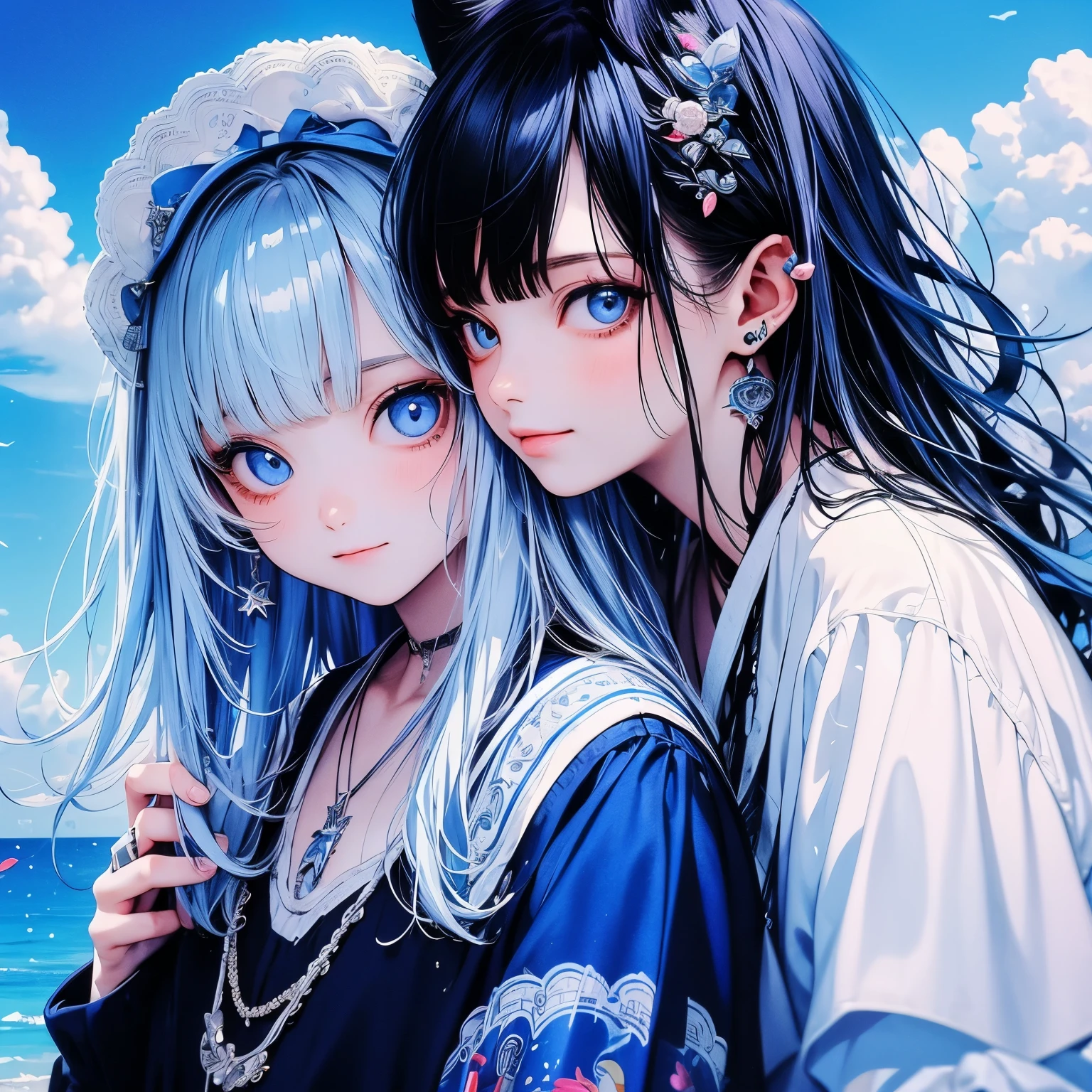 (masterpiece), Highest quality, Ultra-high resolution,Cat with blue ribbon、Blue Hair、Blue eyes、Blue clothes、2 people、boy、girl、cool、（Splash:1.5）、（Fantasy:1.5）、summer、youth、blue sky、Ocean、refreshing、smile