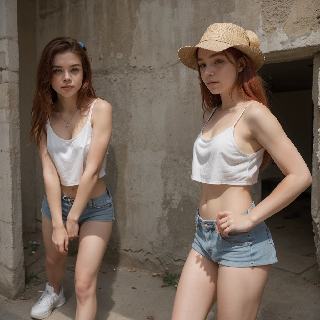 18-year-old girl similar to Chloë Grace Moretz, smiling, waist-length red hair, disheveled and disheveled, wears white fedora hat, long, loose white sleeveless blouse, blue miniskirt, tennis shoes, no socks, tight clothing, poses on ruins, Probably part of a pre-Hispanic construction, it is completely exposed to the sun without any shade. Close up, intense direct sunlight, super realistic, clear sky, perfect body, correct proportions and perspectives, masterpiece, realistic photo, natural direct sunlight