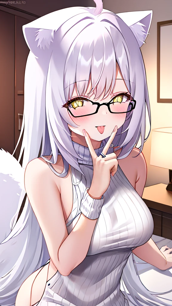 A 20-year-old female angel with long hair, white hair, yellow eyes, cat ears, cat tail, and white angel wings. A glowing yellow halo ring overhead. Wear round glasses (White halter turtleneck sweater, white purekiller sweater, sleeveless, sexy backless sweater, white dress) White arm warmers, tongue out, bedroom, holding a square pink envelope.