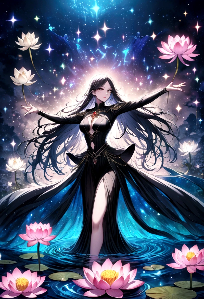 Astrologer，In the middle of the lake, Mysterious female black silhouette in the middle of the night, Surrounded by glowing constellations, Summoners dance to appease the spirits of the dead. Ceremonial canvas clothing. Sensual. Multiple magic arrays. Dynamic dance. Water Lily. Colorful palette.