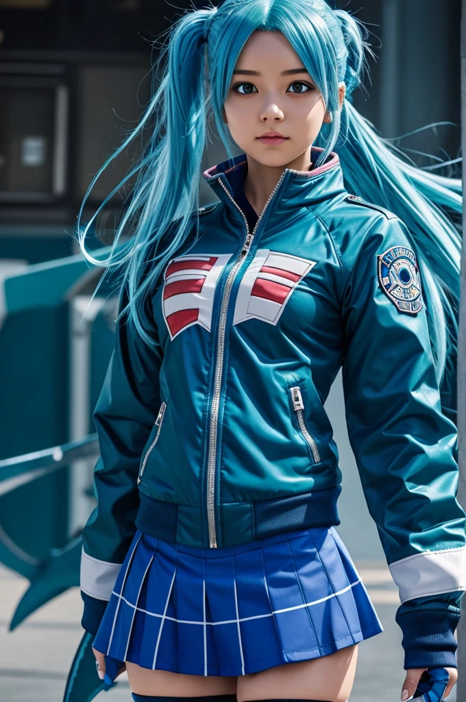Girl with blue hair with blue tips in boku no hero academia let her gift be water control with her hero outfit let it be a shark jacket with a blue skirt and shark tights