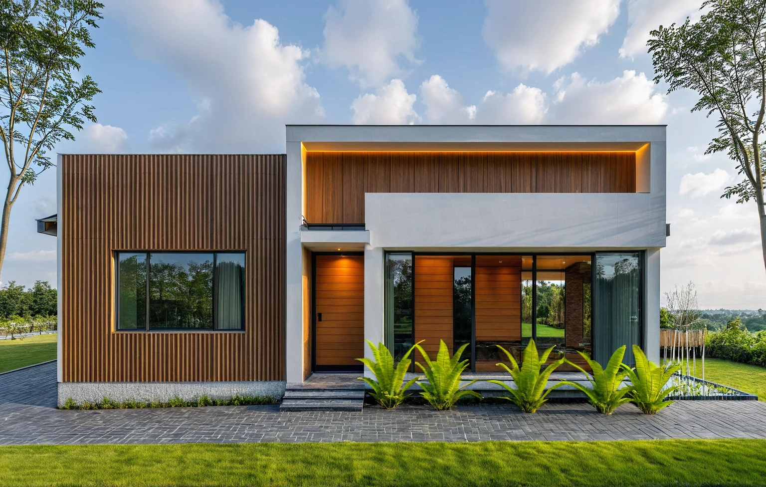 Masterpiece, wooden ceiling, white louvers on the wall left side of the house, wood ceiling, dark granite front steps, high quality, best quality, authentic, super detail, outdoors, onestoreyvillaXL, aiaigroup, house style modern, white wall ,pavement, grass, trees, dusk sky, cloud, (daylight:1.1)