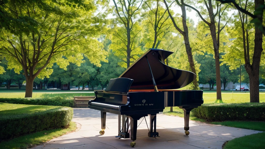 "A high-quality image of a black grand piano with its lid open, showcasing the intricate inner workings of the instrument. The piano is positioned against a plain white background, emphasizing its elegant and glossy finish. The brand"A beautiful scene featuring a black grand piano with its lid open, placed in a serene, sunlit park. The background shows lush green trees, colorful flowers, and a clear blue sky with a few modern buildings visible in the distance. The piano is positioned on a pathway, and the lighting creates a warm, inviting atmosphere with soft shadows. The overall mood is peaceful and inspiring, combining nature with urban elements."
