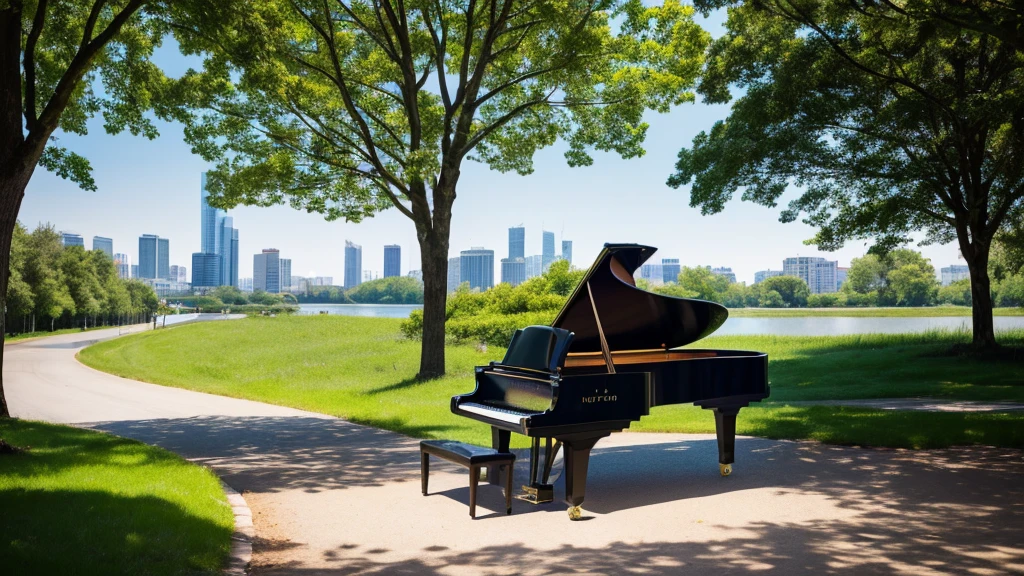 "A high-quality image of a black grand piano with its lid open, showcasing the intricate inner workings of the instrument. The piano is positioned against a plain white background, emphasizing its elegant and glossy finish. The brand"A beautiful scene featuring a black grand piano with its lid open, placed in a serene, sunlit park. The background shows lush green trees, colorful flowers, and a clear blue sky with a few modern buildings visible in the distance. The piano is positioned on a pathway, and the lighting creates a warm, inviting atmosphere with soft shadows. The overall mood is peaceful and inspiring, combining nature with urban elements."