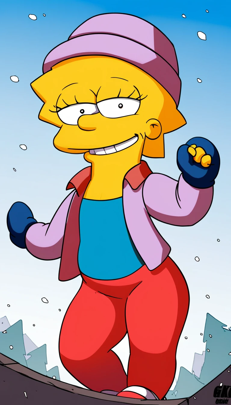 source_cartoon, (((1girl, solo, alone, lisa_simpson, short hair, flat chest, colored skin, yellow skin, shortstack))), looking at viewer, smile, parted lips,
red puffy jacket, blue beanie, blue scarf, blue mittens, snowing, red baggy pants,
sexy pose, dynamic pose, dynamic angle, cowboy shot,
outdoor,