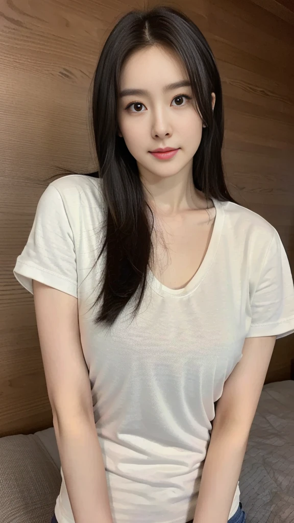 ((best quality, 8K, masterpiece, Clear focus )), 18 years old young Korean girl, ((Dark brown long hair, Huge breasts:1.3,Large, round chest :1.3)), Slim abdominal muscles :1.5,((Low-cut tight short T-shirt :1.6) ), (Wooden wall background :1.2), Highly detailed face and skin textures, Delicate eyes, Double eyelids, Toothy smile,sweet,cute,collagen,cosmetic,Focus on the chest,Cleavage:0.01