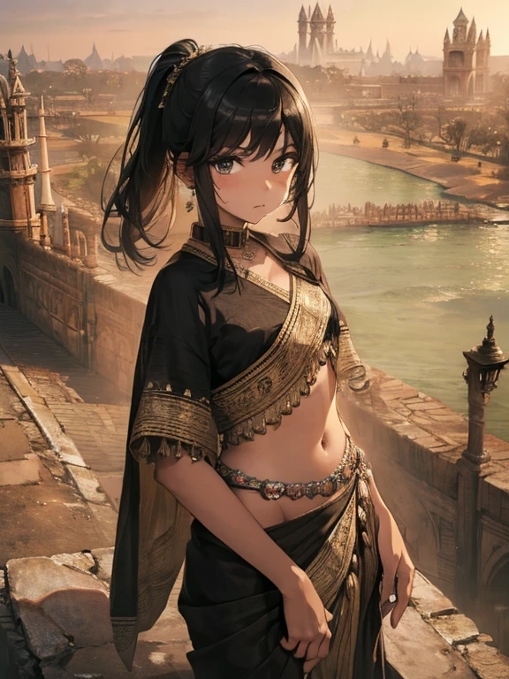 masterpiece, Highest quality, Very detailed, 16K, Ultra-high resolution, Cowboy Shot, 10-year-old girl, Detailed face, Brown skin tone, black eye, Black Hair, Indian Saree, In front of the Taj Mahal