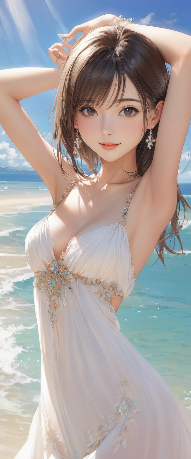 master piece , best quality , detailed , dresses , standing , hands up , armpit , from front , beach