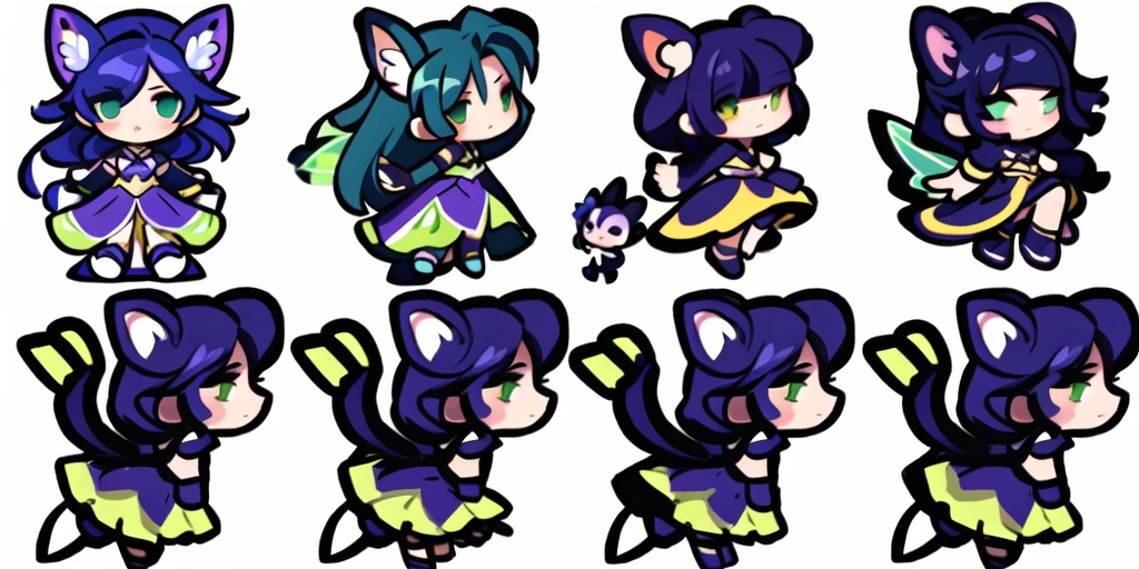a close up of a cartoon character with different poses, spritesheet, sprite sheet, with familiar sprites, sprites, fairy girl, morgana, default pose neutral expression, twirling, sprite 2 d, shady, green fairy, smol, multiple poses, cute chibi, kawaii